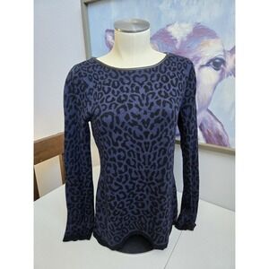 41 Hawthorn Women's Small Navy Black Leopard Print Faux Leather LS‎ Knit Sweater